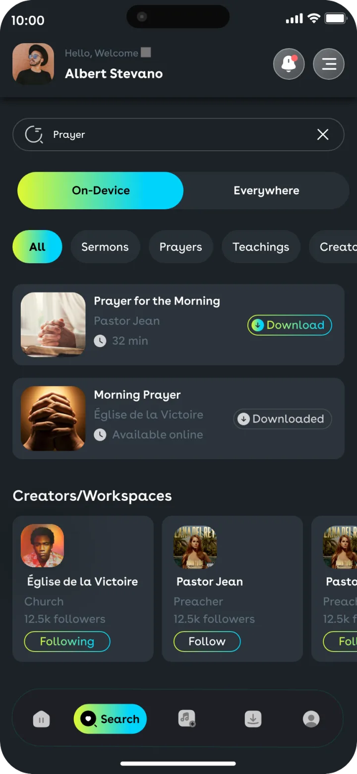 Écran de recherche de l'application Yoka